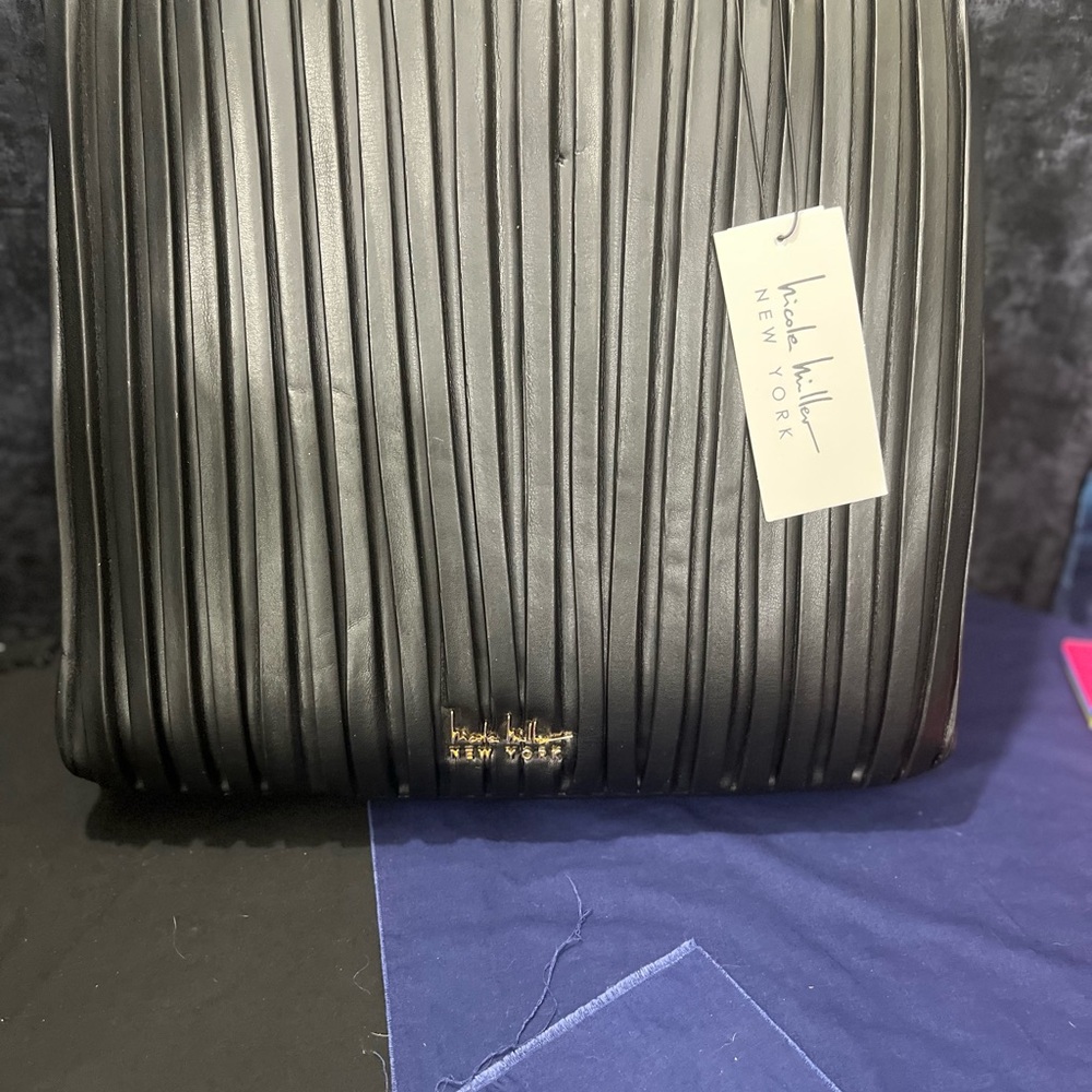 Nicole Miller Medium Shoulder Bag Tote Black Faux Leather W/ Gold Accents